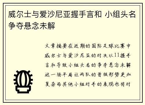 威尔士与爱沙尼亚握手言和 小组头名争夺悬念未解